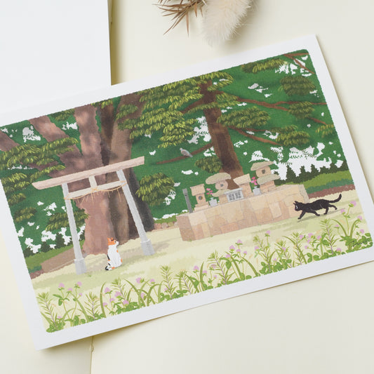 Summer Tabineko Postcard - Japanese Cat Traveling Series Torii