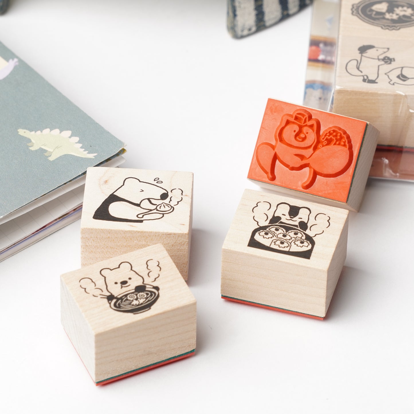 Wooden Stamp Set of 4 - Yamanohacho Neighborhood Animals Chinese Restaurant