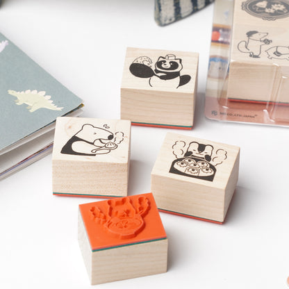 Wooden Stamp Set of 4 - Yamanohacho Neighborhood Animals Chinese Restaurant