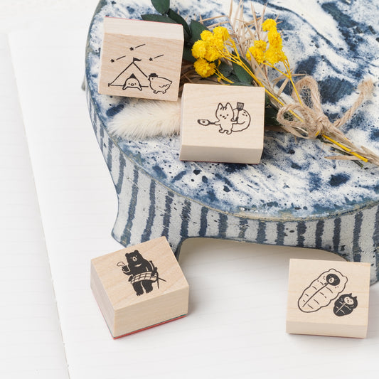 Wooden Stamp Set of 4 - Yamanohacho Neighborhood Animals Camp