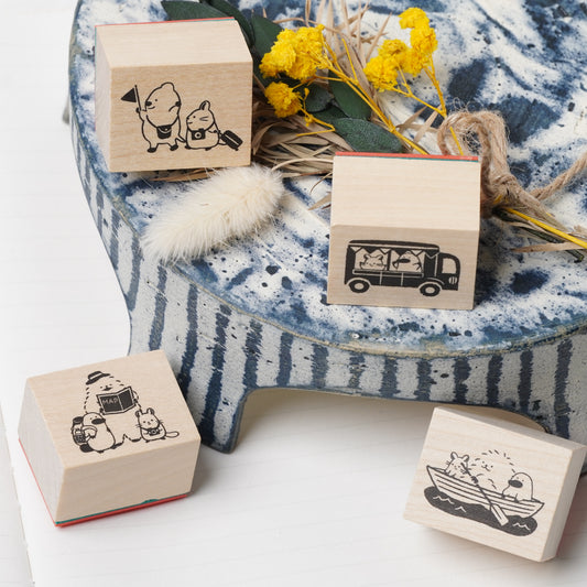 Wooden Stamp Set of 4 - Yamanohacho Neighborhood Animals Travel