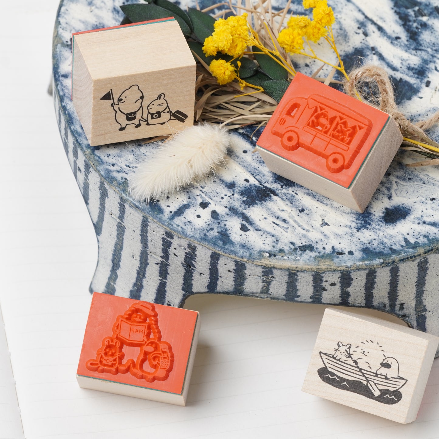 Wooden Stamp Set of 4 - Yamanohacho Neighborhood Animals Travel