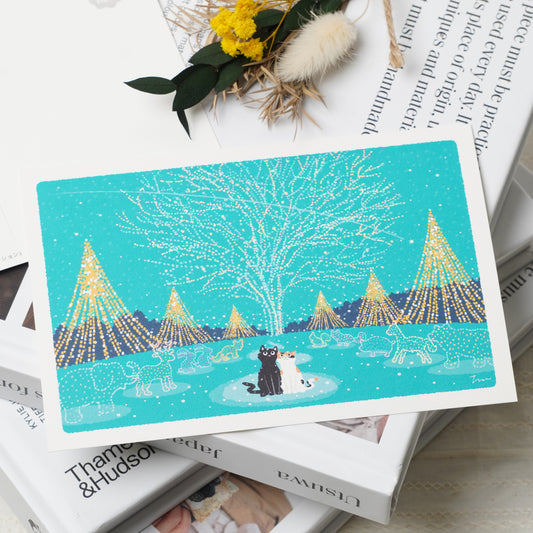 Winter Tabineko Postcard - Japanese Cat Traveling Series Forest illuminations