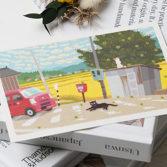 Autumn Tabineko Postcard - Japanese Cat Traveling Series Chestnut Tree and Mail Car