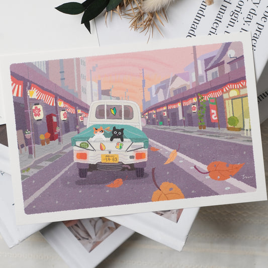 Autumn Tabineko Postcard - Japanese Cat Traveling Series Autumn Festival Dusk
