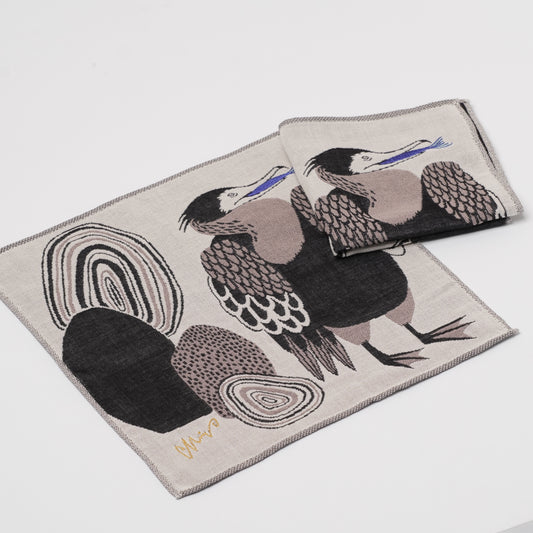 moritaMiW Gauze Handkerchief - 3-Ply Cotton, Embroidered Cormorant