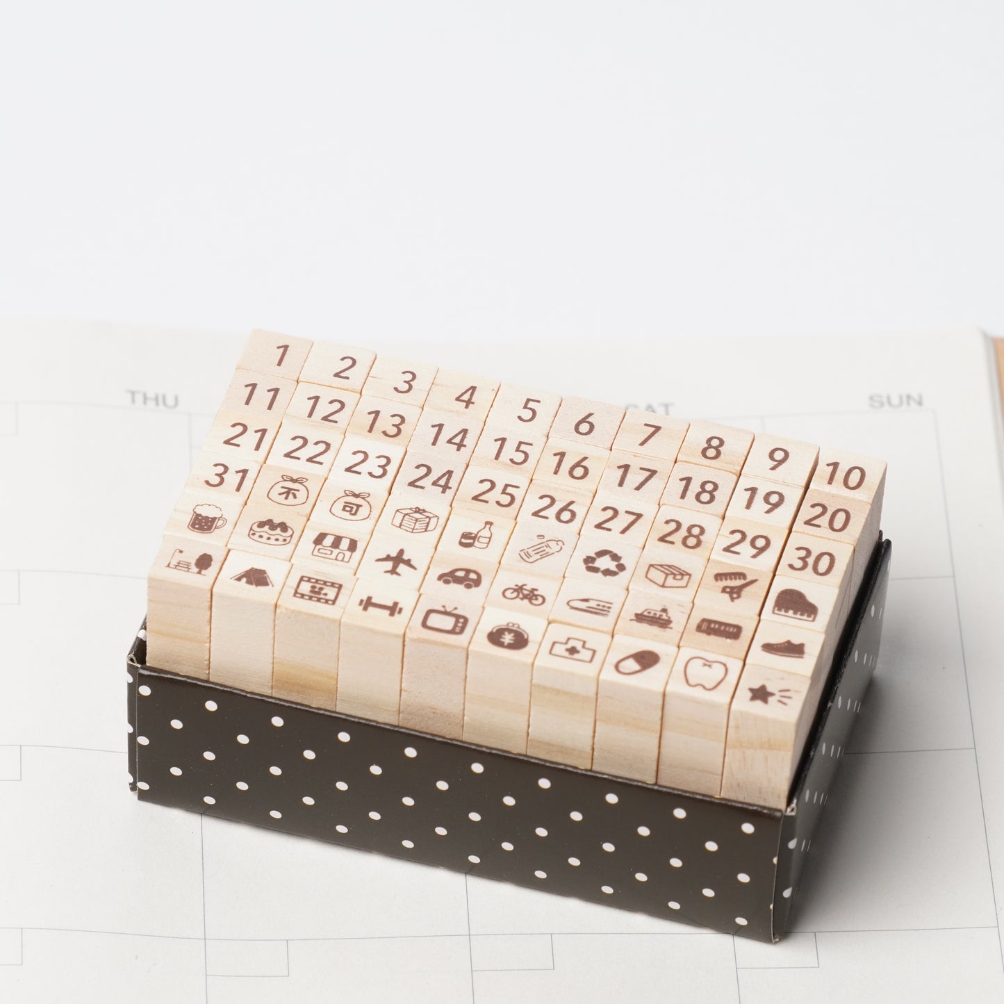 Calendar Date & Icon Wood Stamp