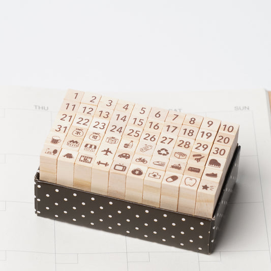 Calendar Date & Icon Wood Stamp