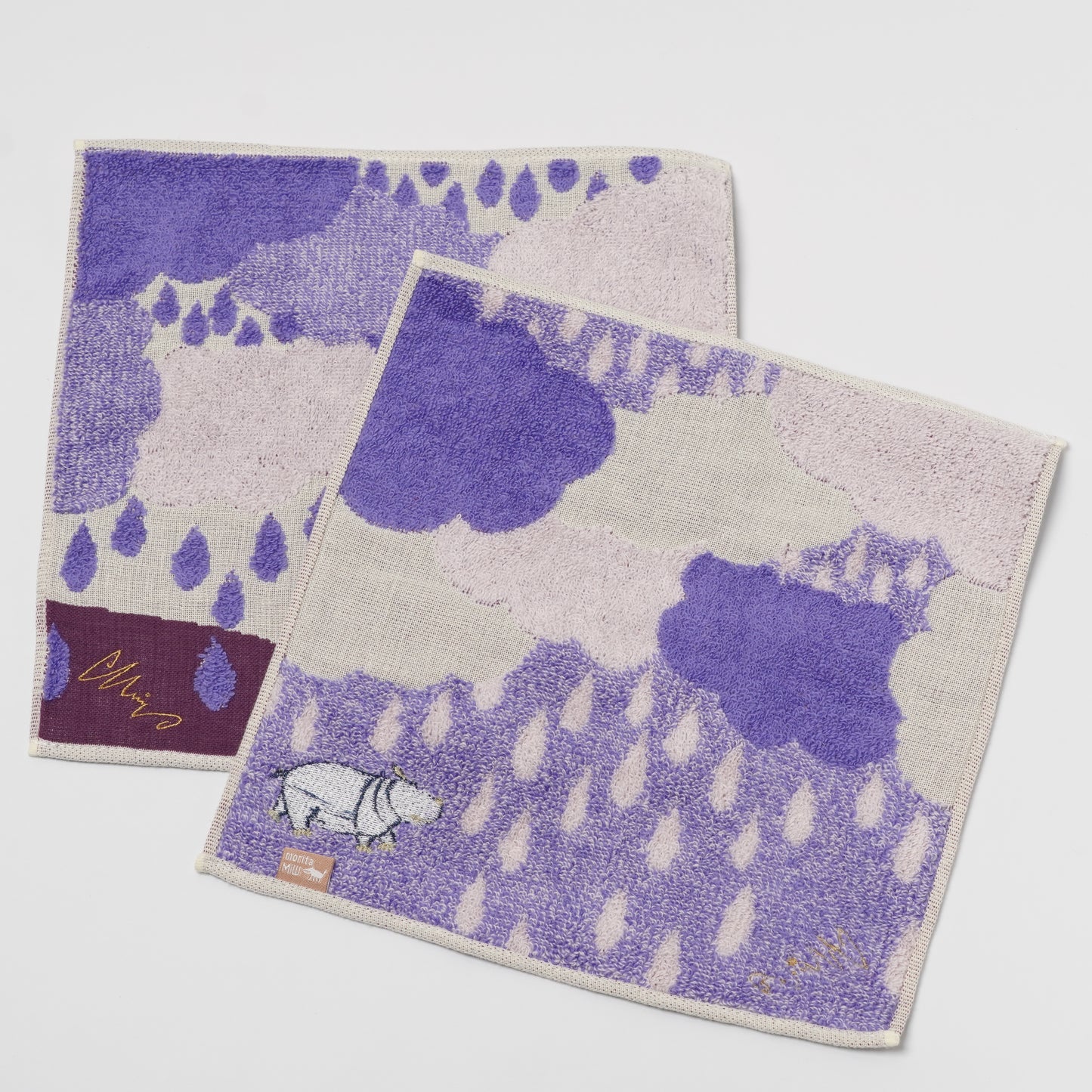 moritaMiW Gauze Handkerchief - 3-Layer Cotton with Embroidery Hippo