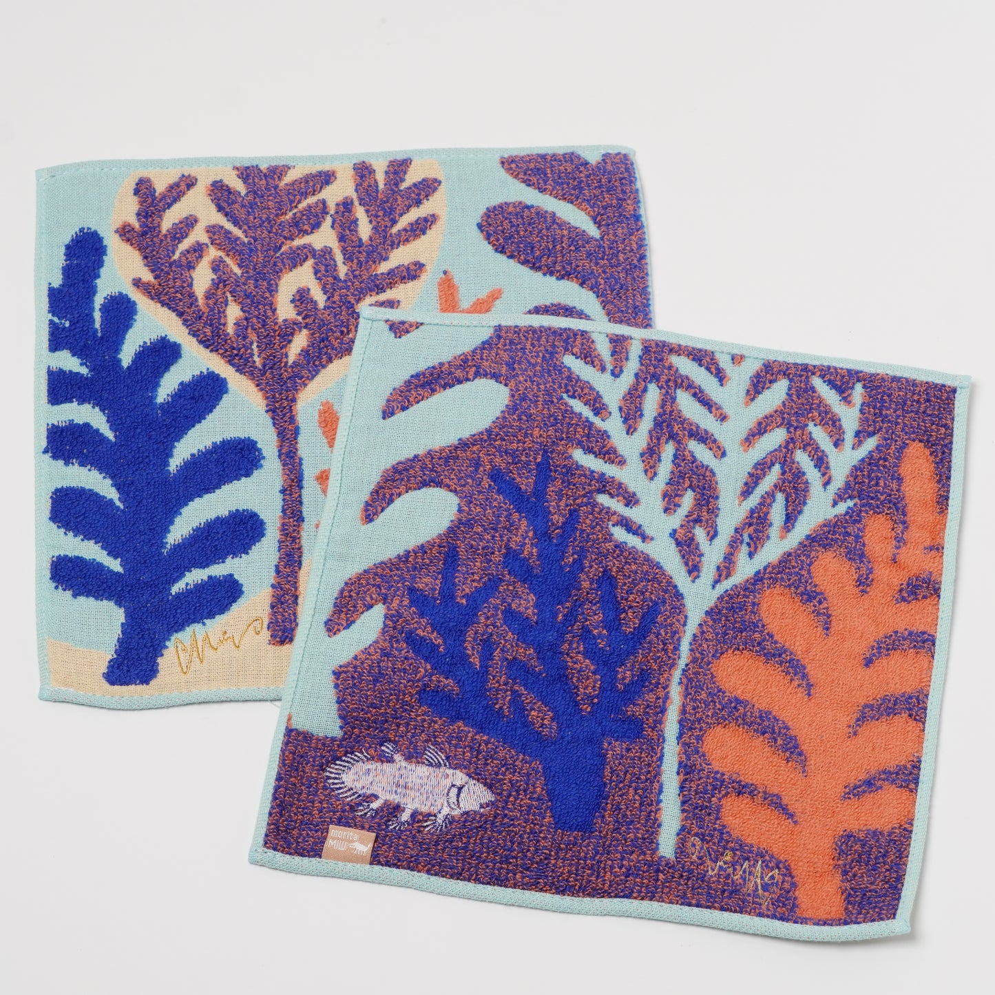 moritaMiW Gauze Handkerchief - 3-Ply Cotton, Embroidered coelacanth
