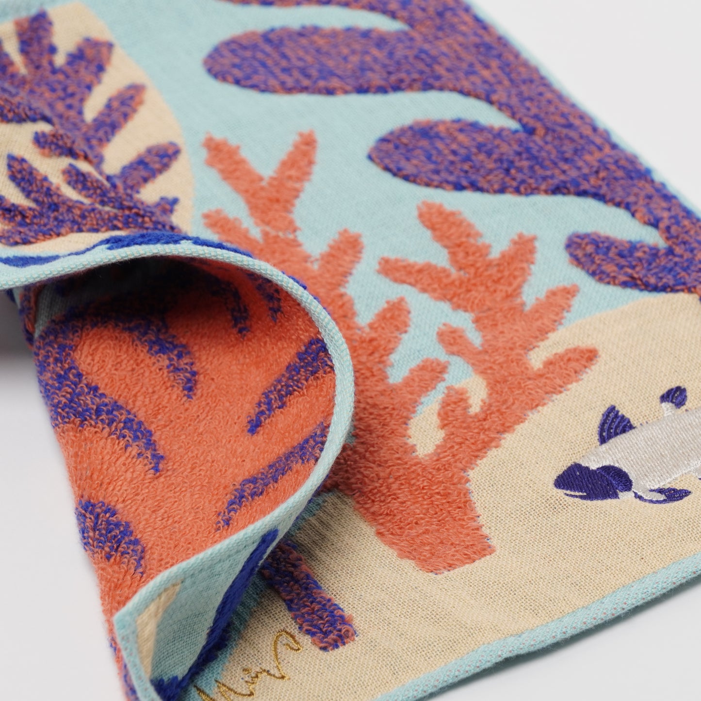 moritaMiW Gauze Handkerchief - 3-Ply Cotton, Embroidered coelacanth