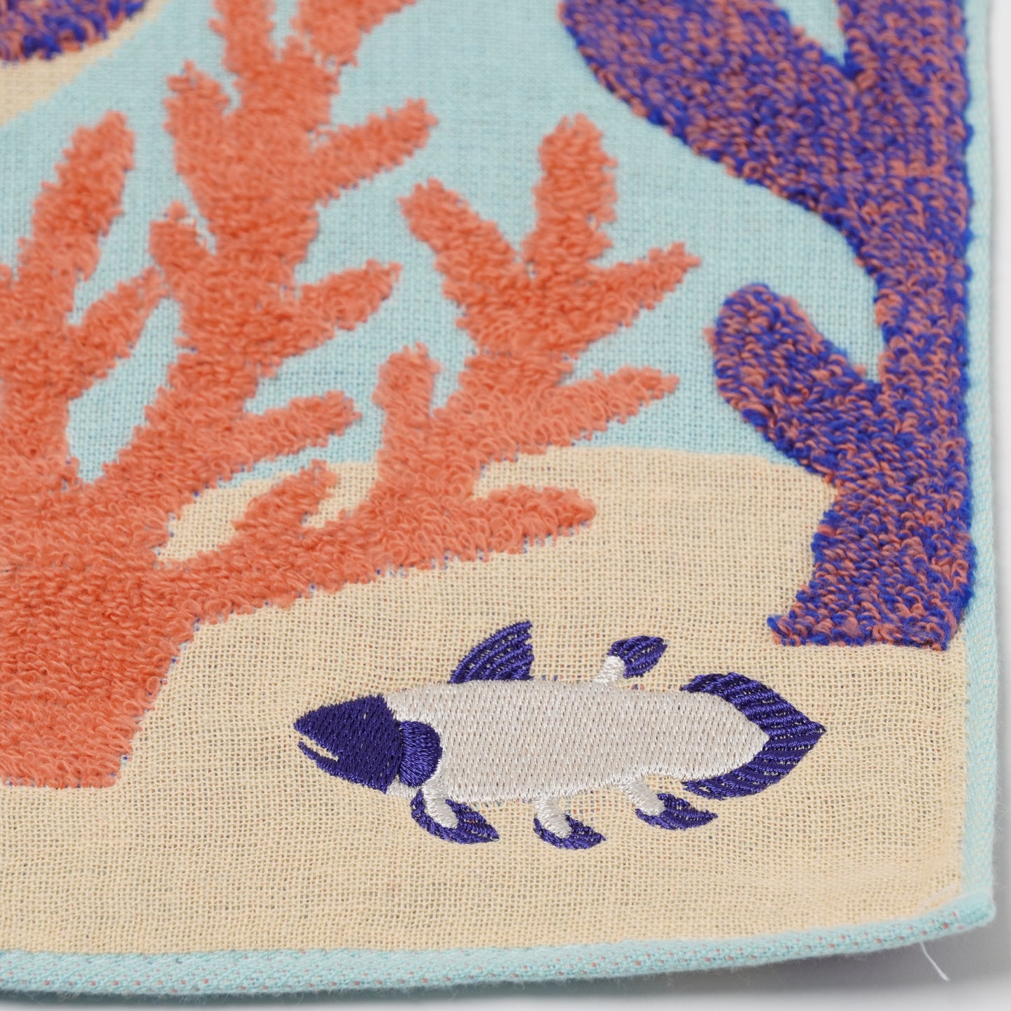 moritaMiW Gauze Handkerchief - 3-Ply Cotton, Embroidered coelacanth