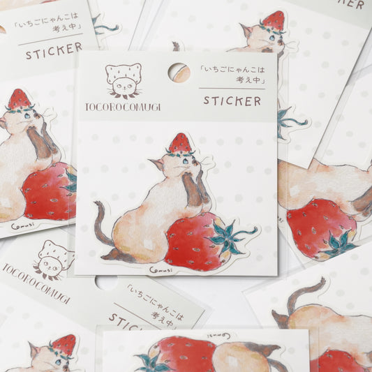 TOCOROCOMUGI Strawberry Cat Sticker – Thinking