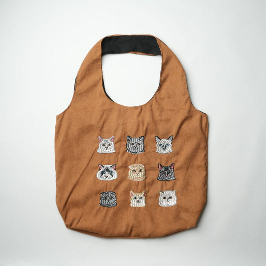 Cat embroidery tote bag corduroy bag F.BROWN