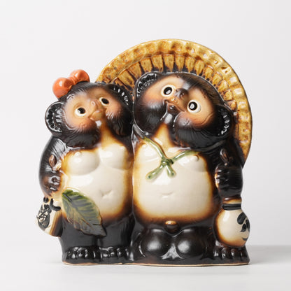 Japanese Tanuki Couple Statue – Shigaraki Ware Raccoon Dog Figurine, Lucky Charm Home Decor