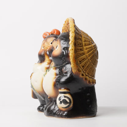 Japanese Tanuki Couple Statue – Shigaraki Ware Raccoon Dog Figurine, Lucky Charm Home Decor